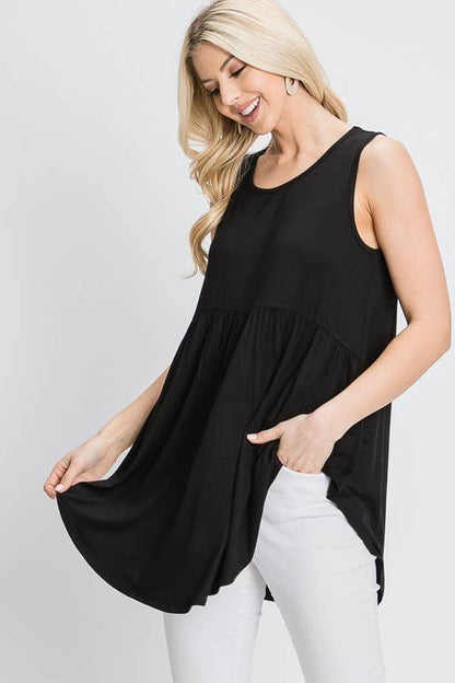 ST1748S SLEEVELESS ROUND NECK SOLID BABYDOLL TOP: FUCHSIA / 2-2-2 (S-M-L)