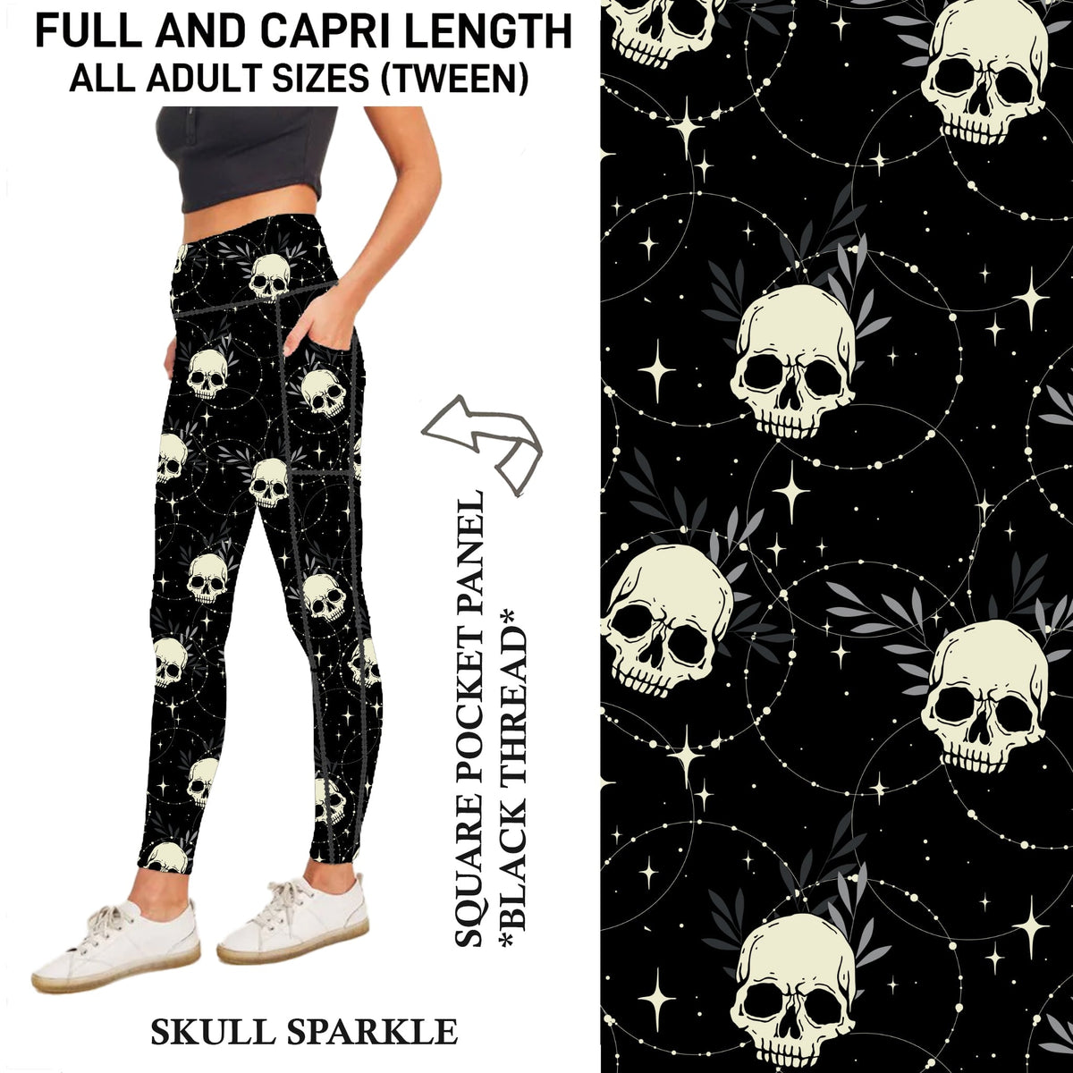 S3PJ - Skull Sparkle Capris/Leggings with Square Pocket Panel - Preorder Due 10/28 ETA: Late Dec
