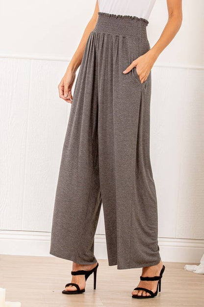 SP1123-10 FOLD OVER WIDE LEG SOLID PANTS WITH SMOCKED AND SI: MOCHA / 2-2-2 (S-M-L)