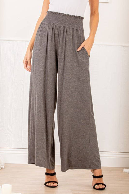 SP1123-10 FOLD OVER WIDE LEG SOLID PANTS WITH SMOCKED AND SI: MOCHA / 2-2-2 (S-M-L)