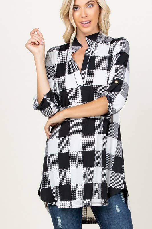 ST1454-20 PLAID TUNIC TOP: BLACK/IVORY / 2-2-2 (S-M-L)