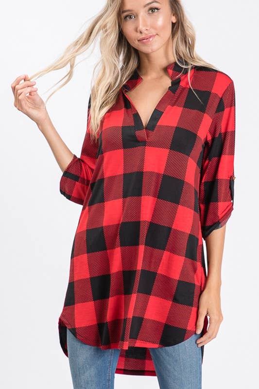 ST1454-20 PLAID TUNIC TOP: BLACK/RED / 2-2-2 (S-M-L)
