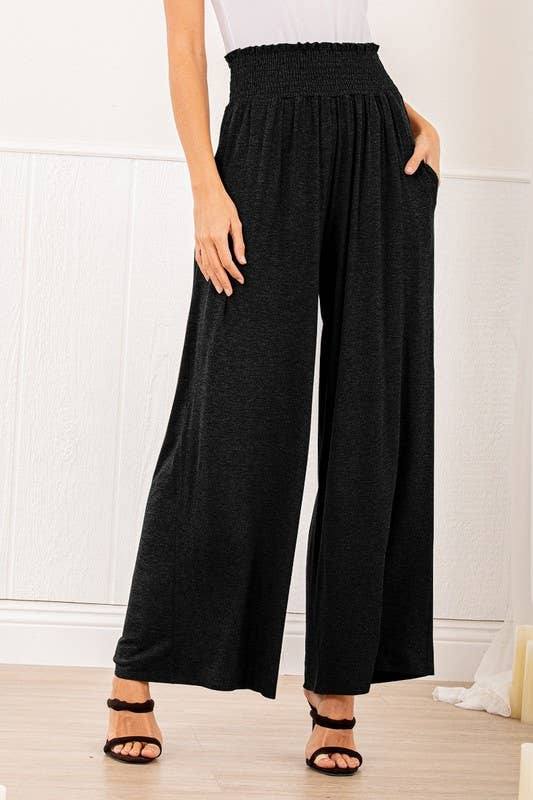 SP1123-10 FOLD OVER WIDE LEG SOLID PANTS WITH SMOCKED AND SI: MOCHA / 2-2-2 (S-M-L)