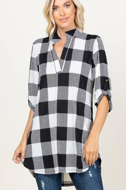 ST1454-20 PLAID TUNIC TOP: BLACK/IVORY / 2-2-2 (S-M-L)