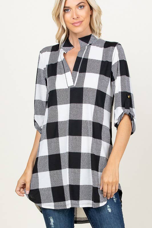 ST1454-20 PLAID TUNIC TOP: BLACK/RED / 2-2-2 (S-M-L)
