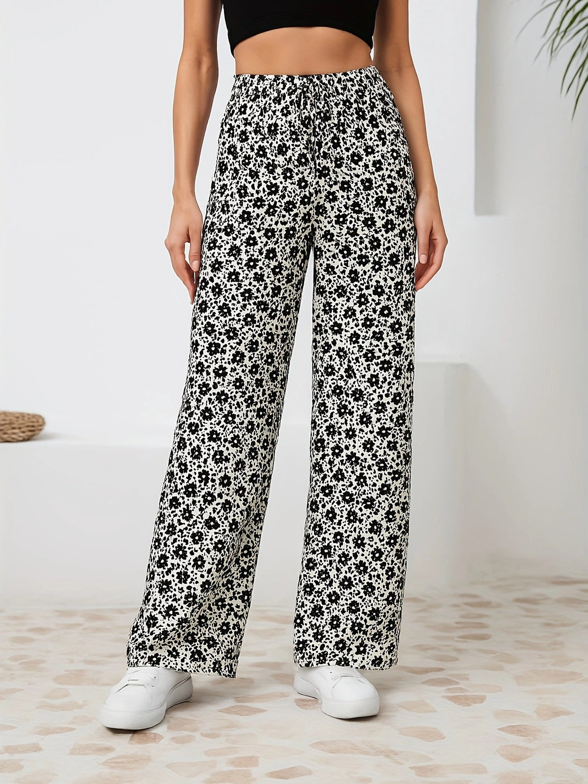 Leopard Print Wide Leg Pants – High-Waisted Stretch