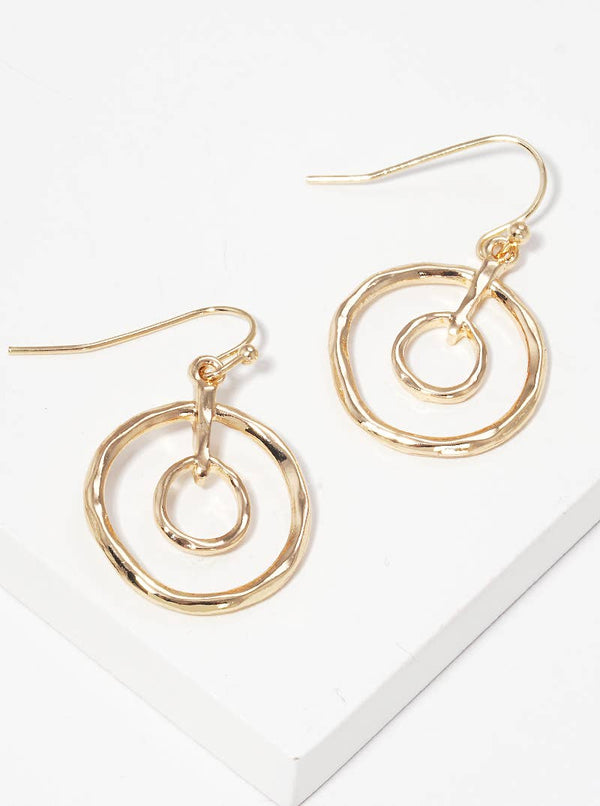 Hammered Metal Inner Double Round Drop Earrings in Gold