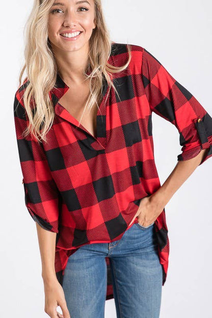 ST1454-20 PLAID TUNIC TOP: BLACK/IVORY / 2-2-2 (S-M-L)