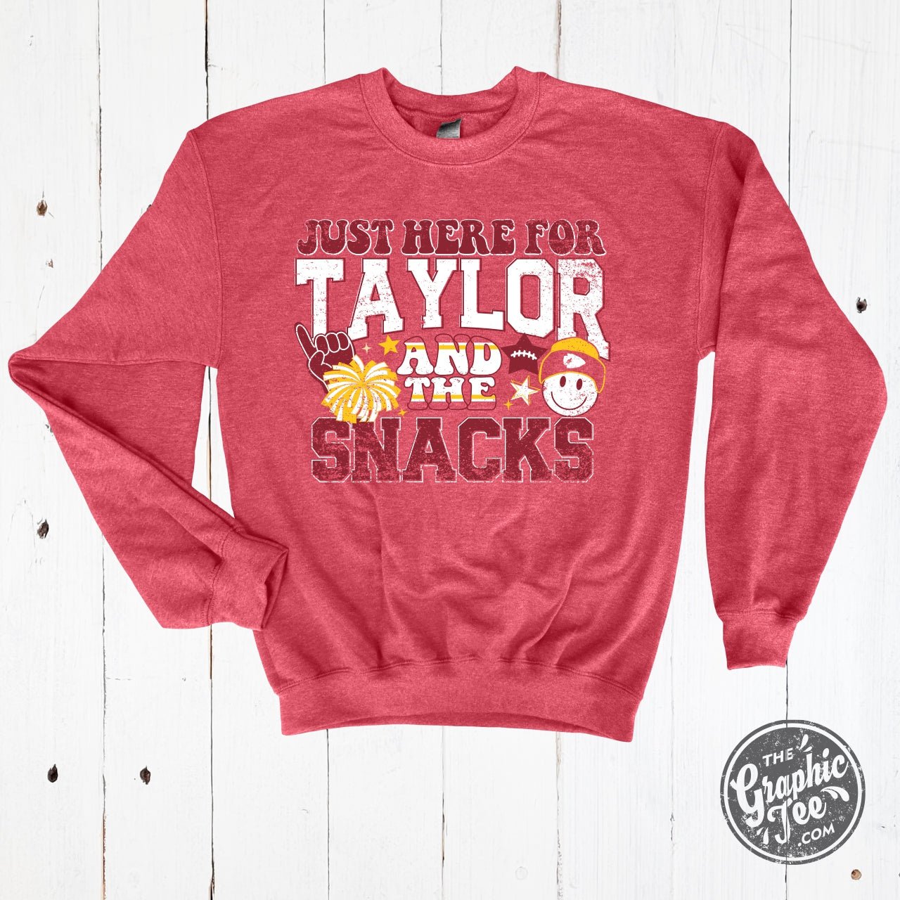 Just Here For Taylor And The Snacks Heather Sport Scarlet Crewneck Sweatshirt