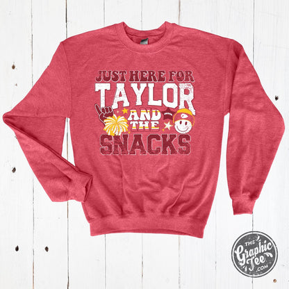 Just Here For Taylor And The Snacks Heather Sport Scarlet Crewneck Sweatshirt