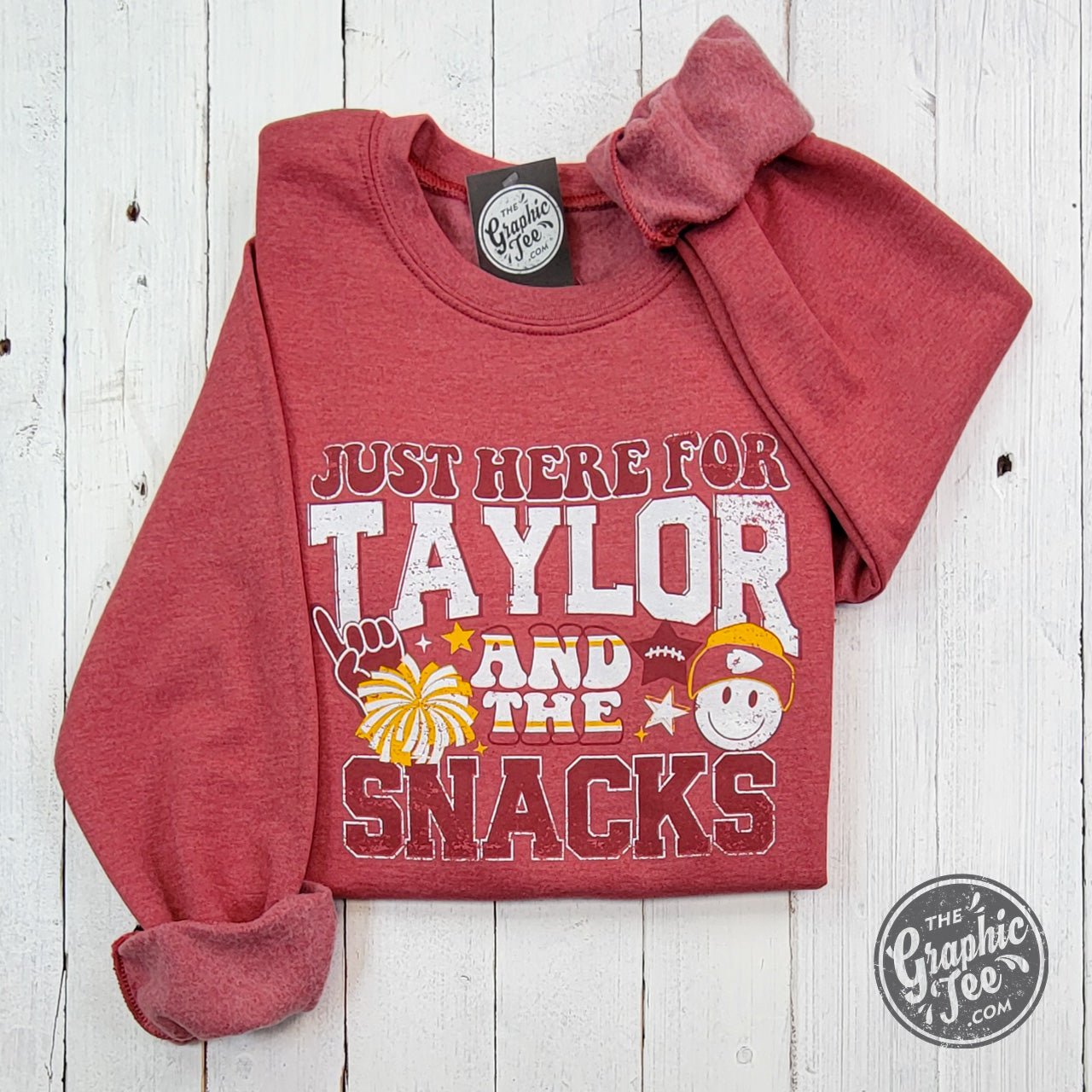 Just Here For Taylor And The Snacks Heather Sport Scarlet Crewneck Sweatshirt