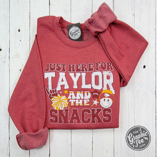 Just Here For Taylor And The Snacks Heather Sport Scarlet Crewneck Sweatshirt