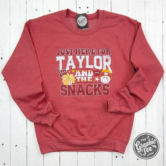 Just Here For Taylor And The Snacks Heather Sport Scarlet Crewneck Sweatshirt