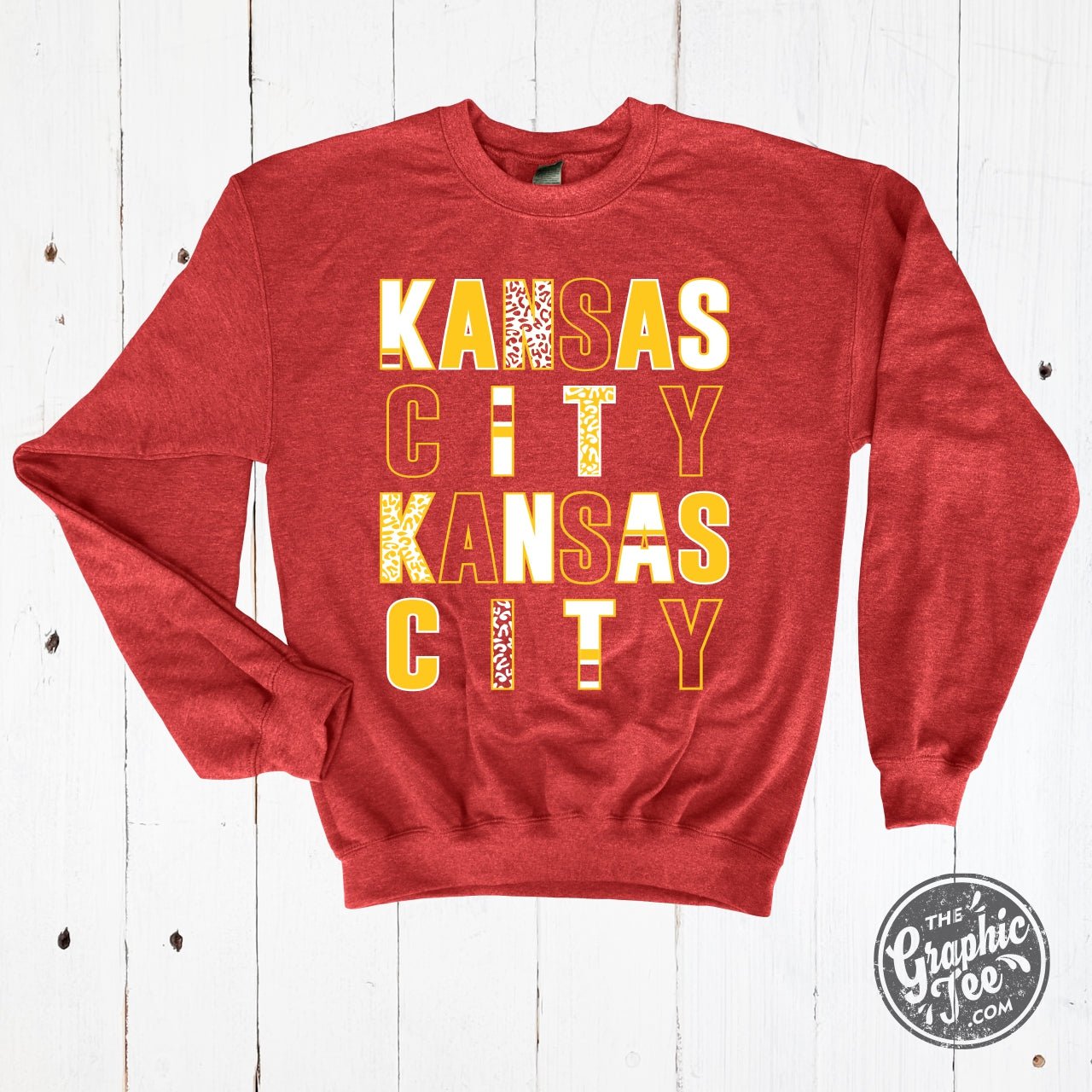 Kansas City Multi Pattern Letters Heather Sport Scarlet Crewneck Sweatshirt