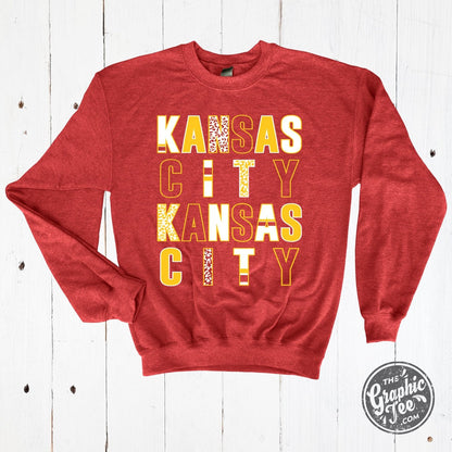 Kansas City Multi Pattern Letters Heather Sport Scarlet Crewneck Sweatshirt