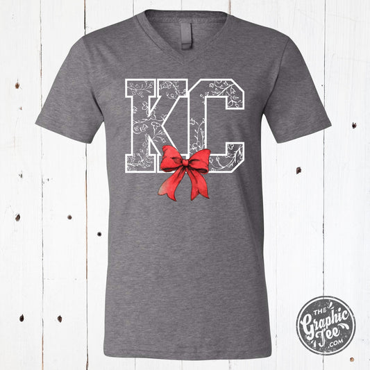 KC Delft Print with Bow V-Neck Tee