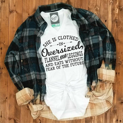 She is Clothed in Oversized Flannel and Leggings... - V-Neck Tee