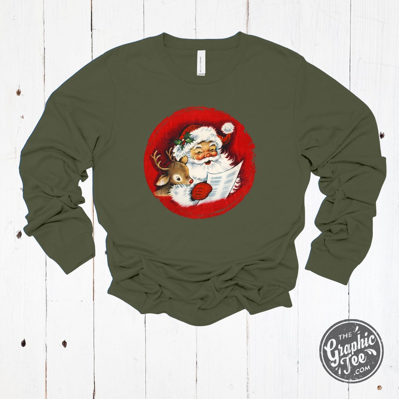Vintage Santa and Reindeer Long Sleeve Crew Neck Tee