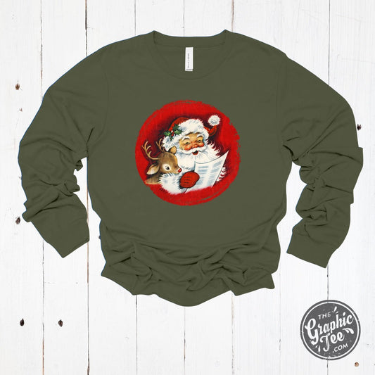 Vintage Santa and Reindeer Long Sleeve Crew Neck Tee
