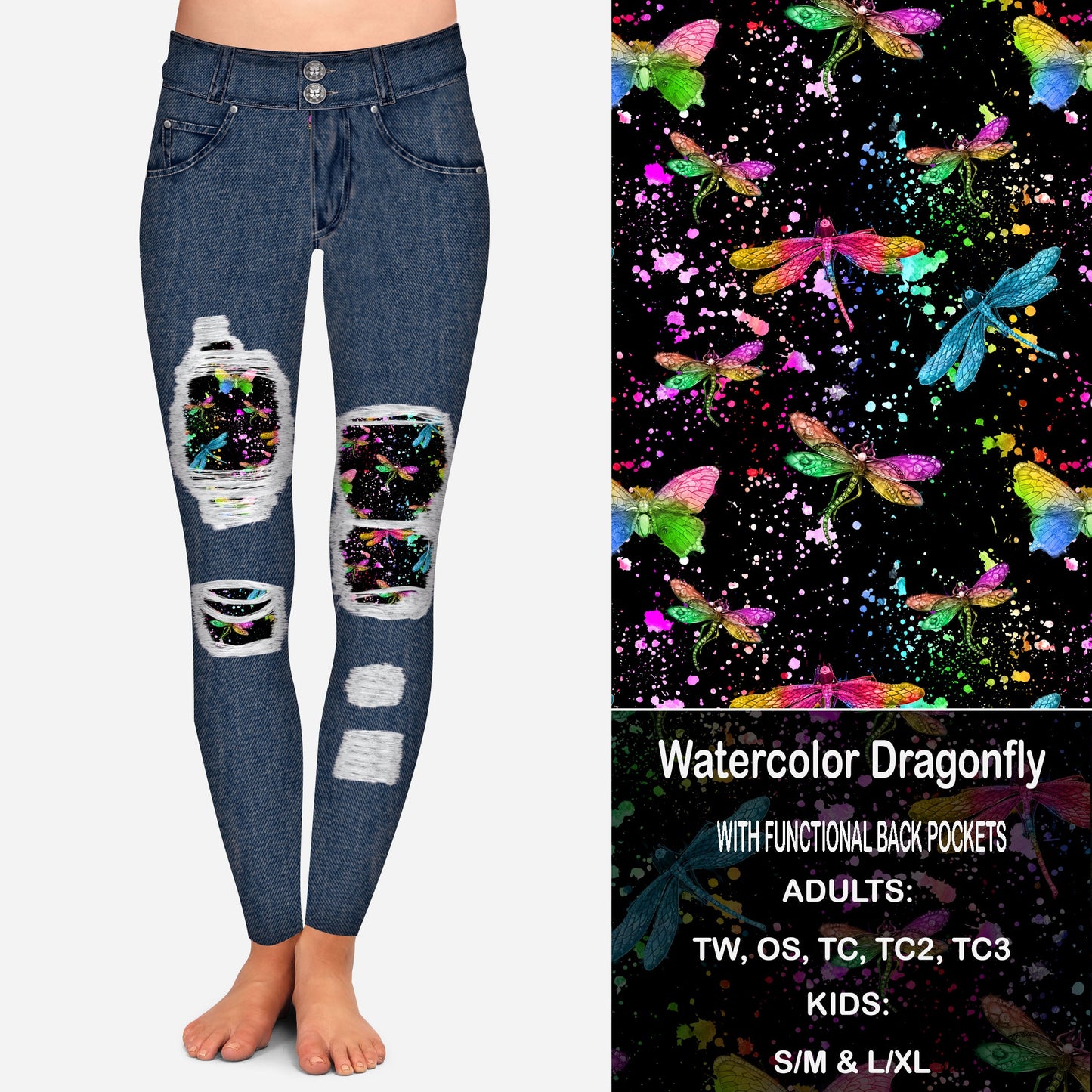 Watercolor Dragonfly Peekaboo Leggings with Pockets