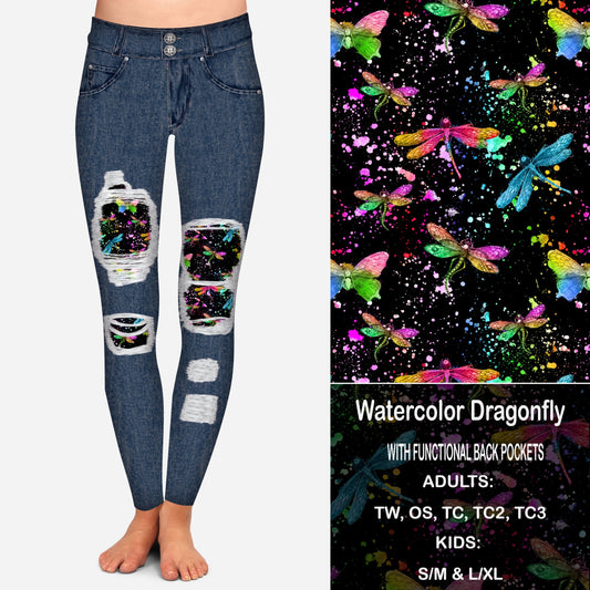 Watercolor Dragonfly Peekaboo Leggings with Pockets