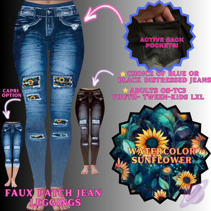 WATERCOLOR SUNFLOWER-FAUX JEAN LEGGING-PREORDER CLOSING 12/2