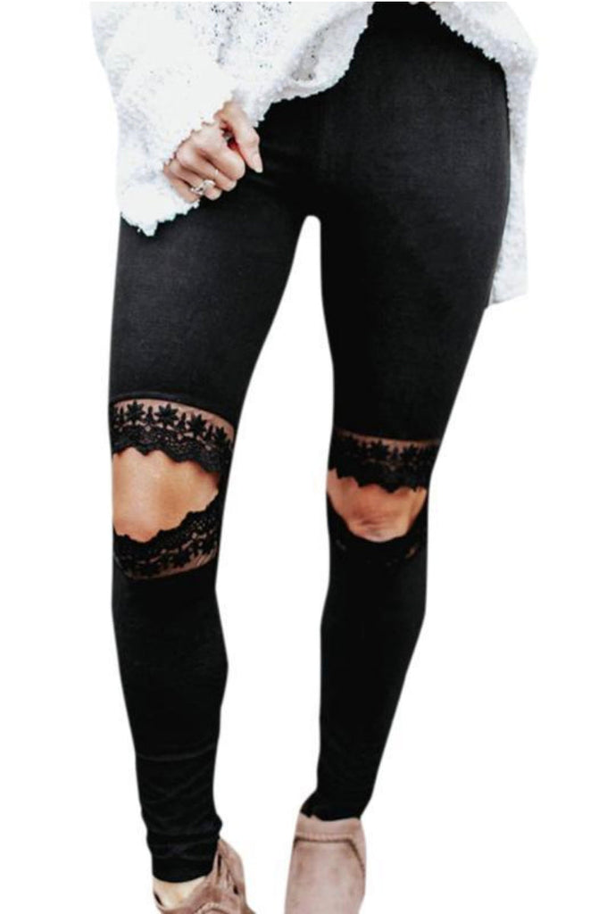 Solid Black Waterprint - Lace Knee Leggings