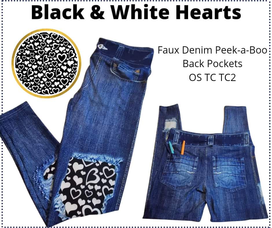 Black & White Hearts Denim Peekaboo Leggings w/ Back Pockets by ML @BG