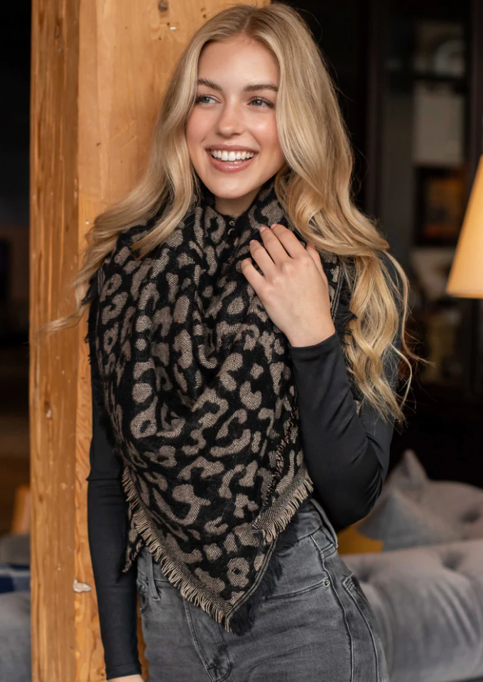 Black and Taupe Leopard Print Blanket Scarf