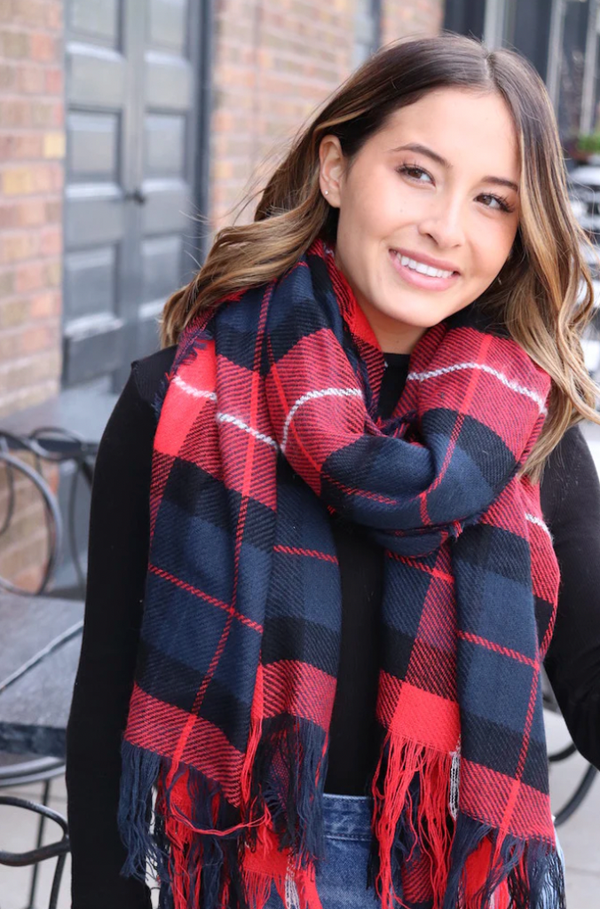 Long Plaid Scarf - Red, navy and black