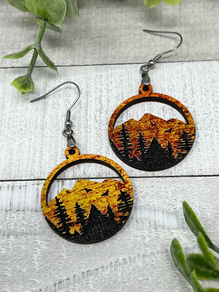 Mountain Forest with Birds - Fall Colors - Handcrafted Earrings